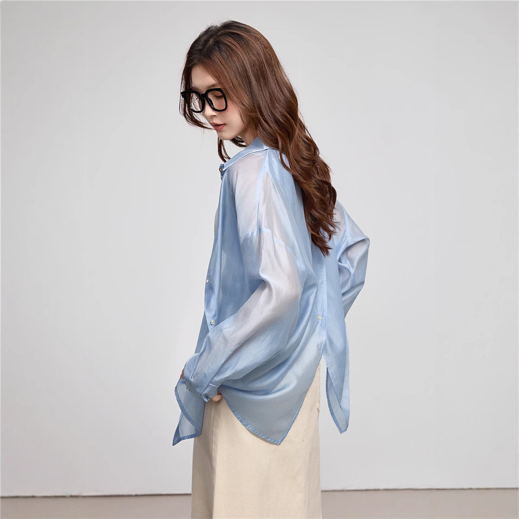 Summer Tencel Shirt Sun Protection Clothing for Women, High-Grade Drapey Outerwear with Glossy Finish, Lightweight Shirt
