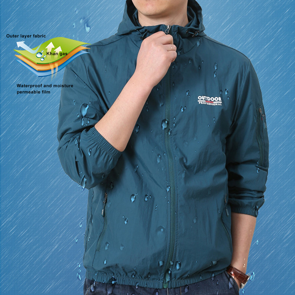 Solid Color Men Jacket Outdoor Sun Protection Men's Summer Uv Hooded Windbreaker Lightweight Anti-uv Coat with Drawstrin