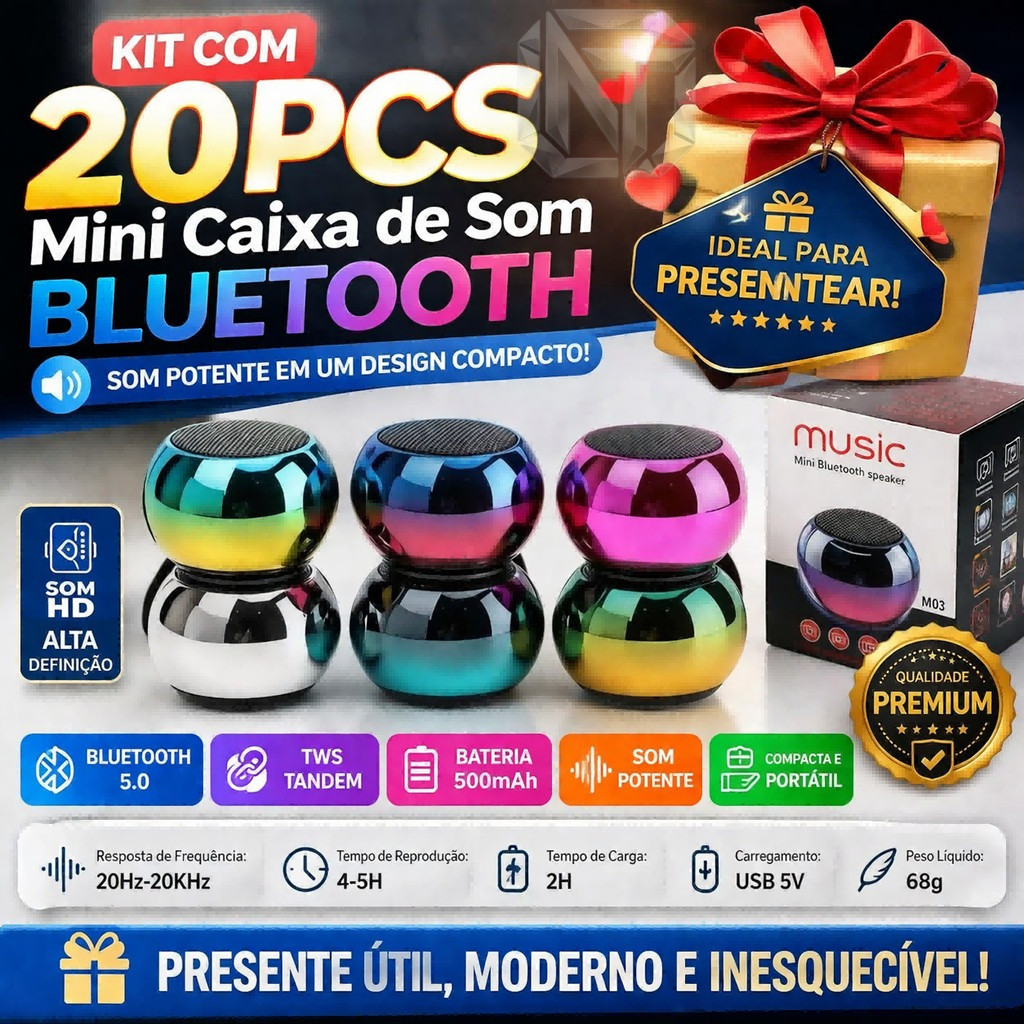 Kit Atacado 20 Unidades Mini Caixinha de Som Bluetooth TWS Modelo M3S Metal Amplificada Cores Sortidas
