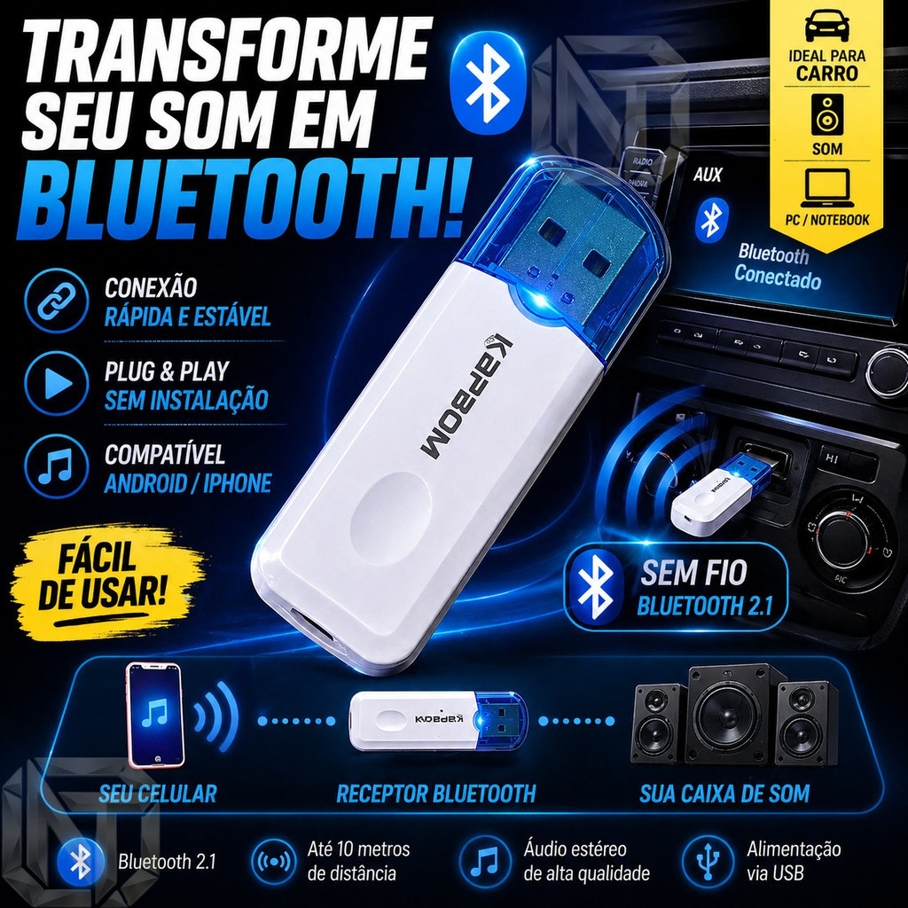 Atacado 3 Receptor Bluetooth USB para Carro | Adaptador Mãos Livres com Microfone | Som Automotivo Pendrive  Plug & Play