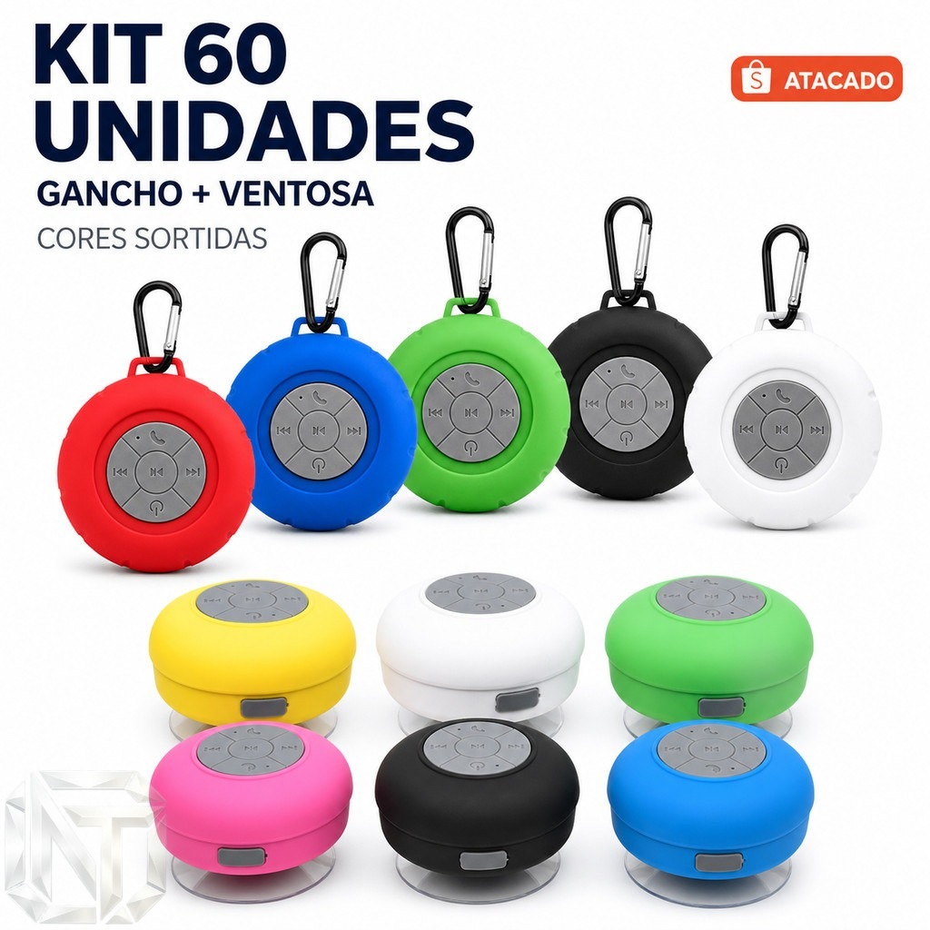 Atacado 60 Unidades Caixa de Som Bluetooth IPX5 Portátil com Ventosa Gancho, À Prova D'água para Banho e Revenda