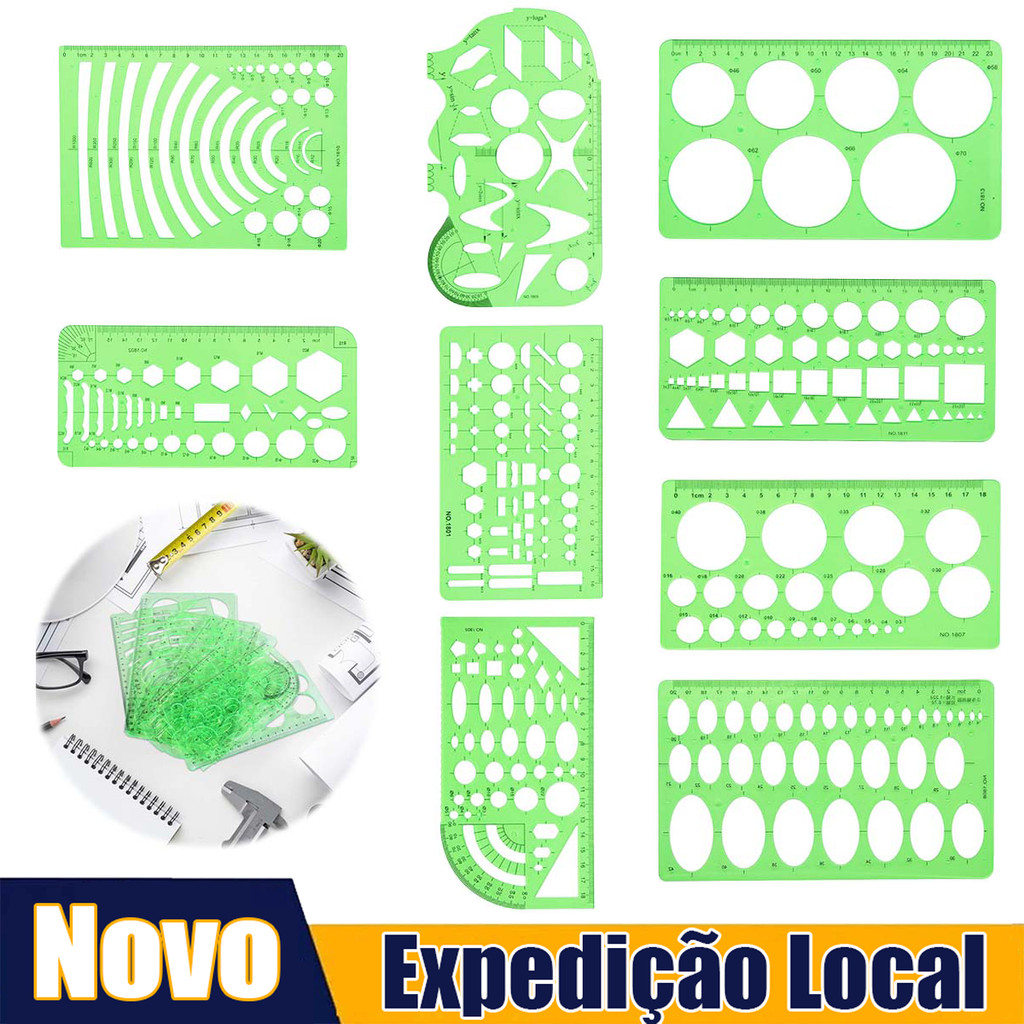 9 Pçs Modelos de círculo, modelos de desenhos de elipse, estênceis de desenho, ferramentas de medição, modelo de artista