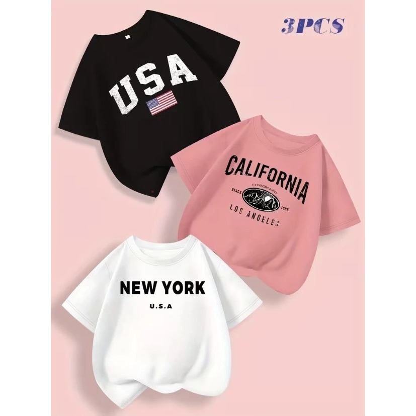 Kit 3 Blusas Infantis Estampas USA California Unissex Kids Meninos Algodão Meninas T-Shirt 2 Ao 16