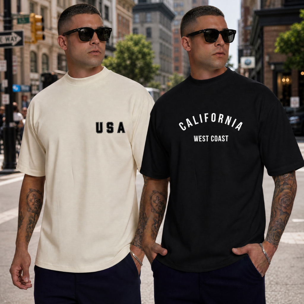 Kit 2 Camisetas Oversized Larga Streetwear Estampada USA e California Uso Diario ou Treino