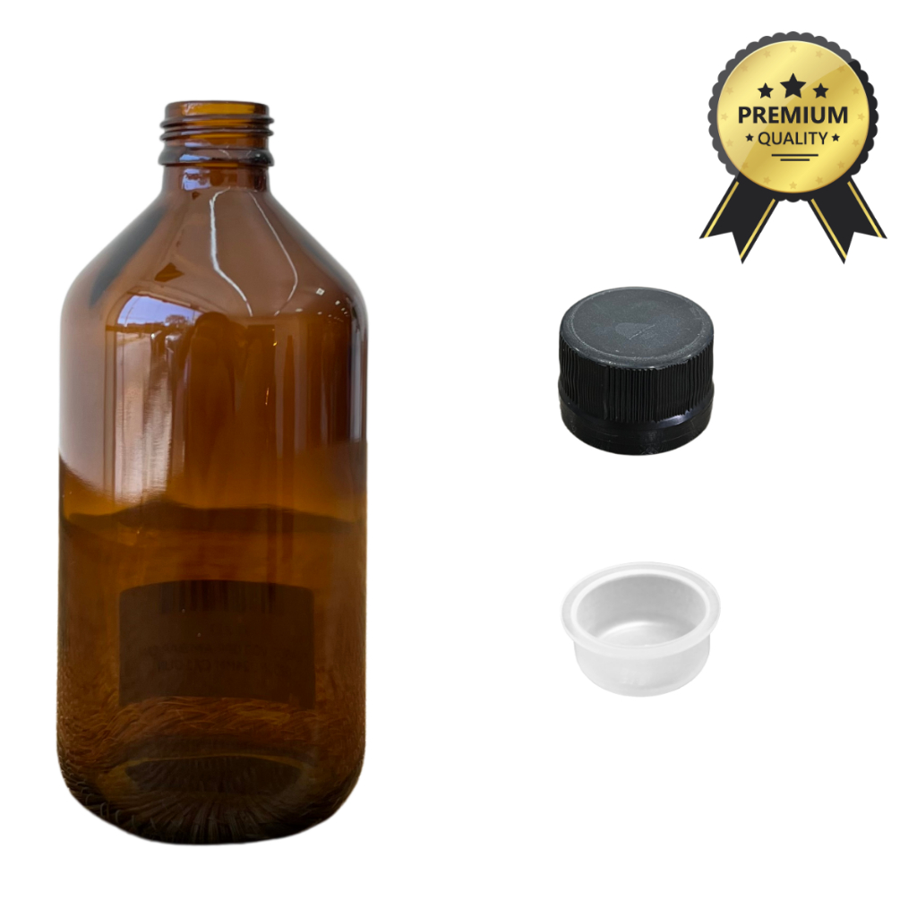 KIT FRASCO DE VIDRO AMBAR 250ML COM TAMPA PRETA E BATOQUE