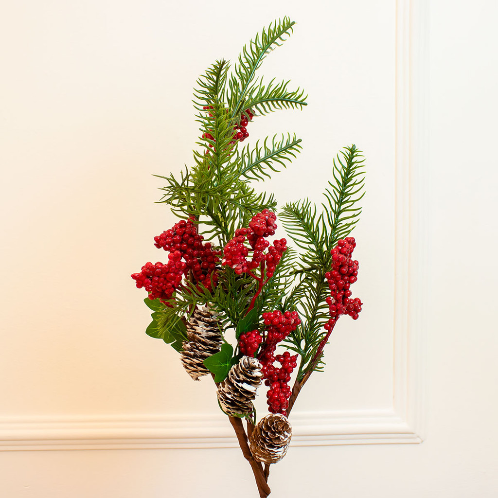 Galho Natalino Enfeite de Pendurar Pinhas e Azevinhos Vermelho 40cm