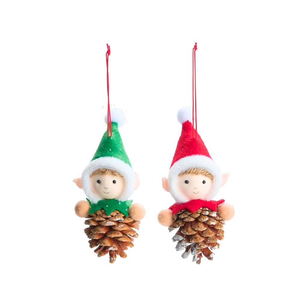 Kit Conj 2 Enfeites Pendentes Pendurar Árvore Natal Pinha Dois Elfos Decorativos