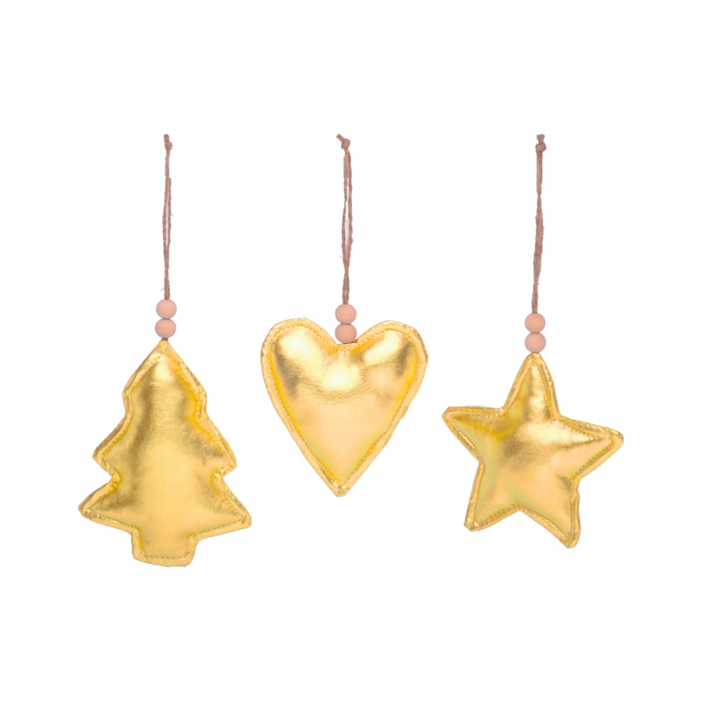Kit 3 Enfeites Decorativos Para Pendurar Na Árvore De Natal Com Cordão Coração Estrela e Pinha Natalina