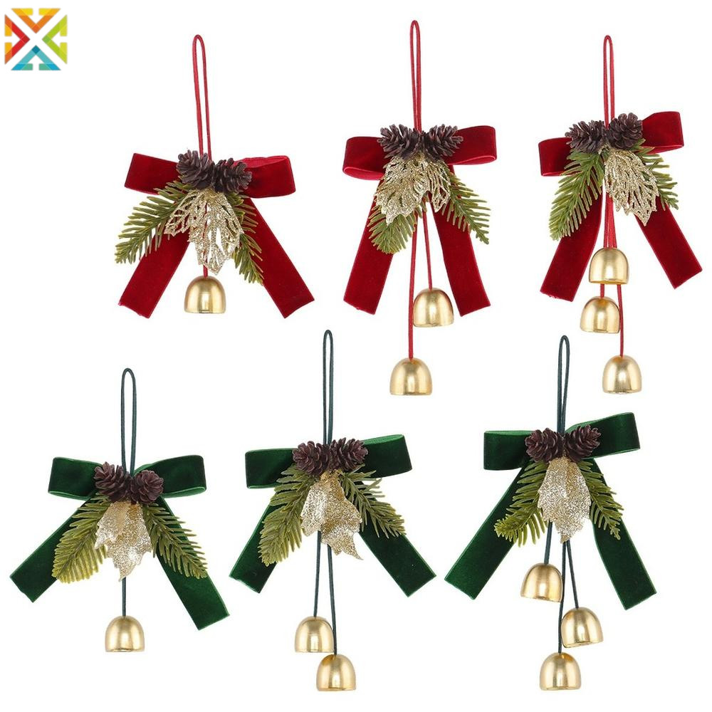 Natal Veludo Arco Sino Pendurado Ornamento Com Pinha Ramo De Pinho Artificial Para Árvore De Decoração Do Feriado