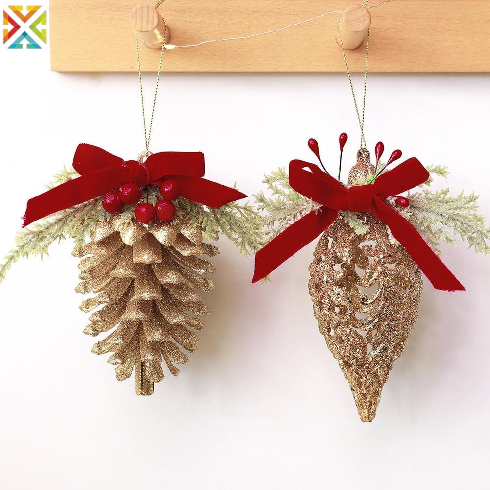 Luxo Ouro Glitter Natal Pendurado Ornamento Oco Pinha Berry Grinalda Com Laço De Veludo Vermelho Decoração Da Árvore De