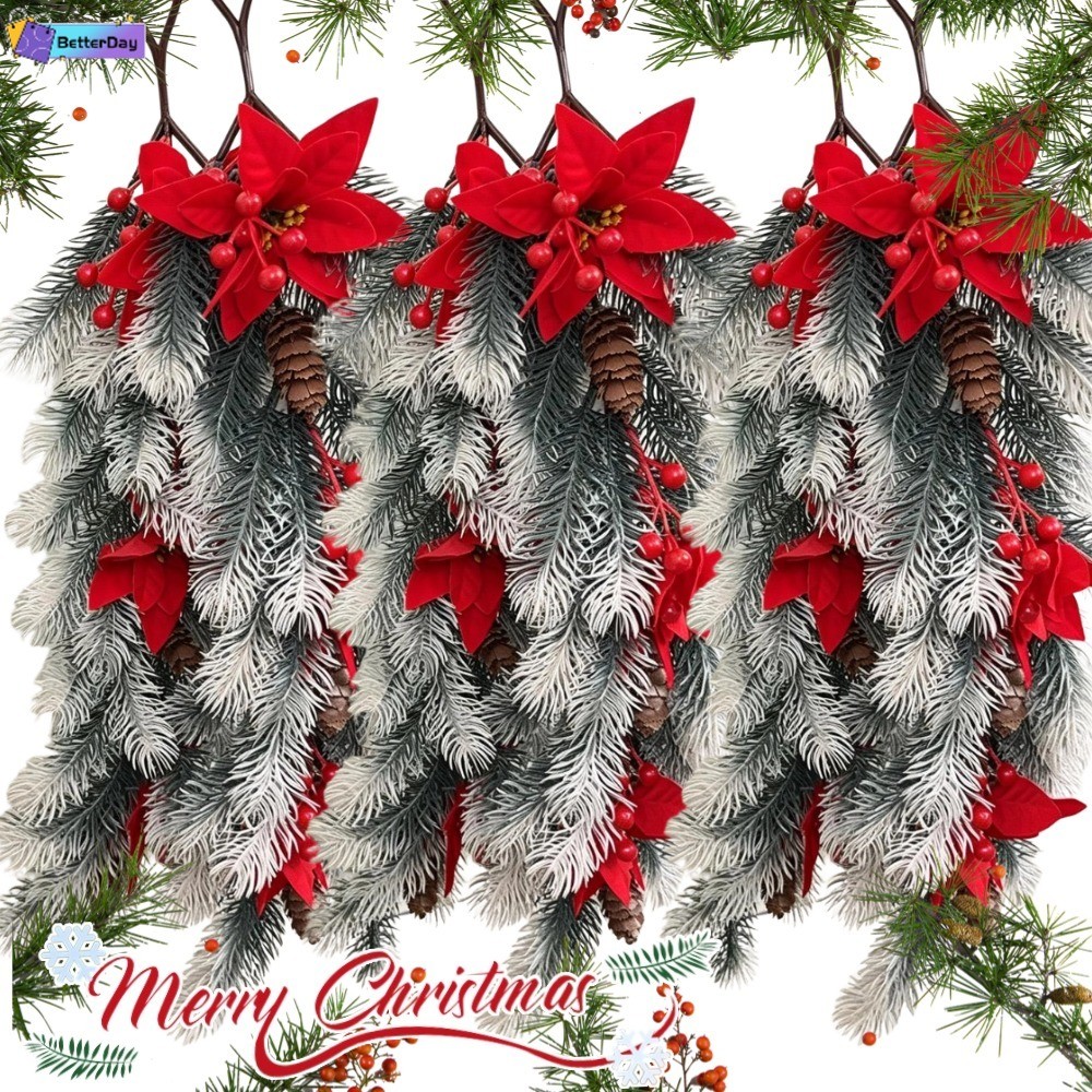 Grinalda De Natal Artificial Ramo De Videira Com Simulação De Poinsétia Pinha Frutas Vermelhas Pendurado Ornamento Para