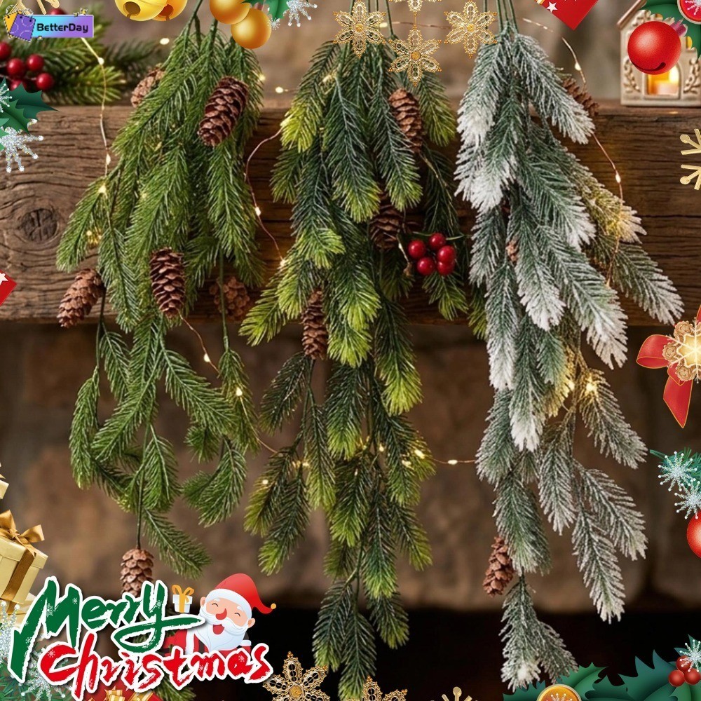 Natal Artificial Neve Flocada Ramos Verdes Realista Pendurado Pinha Plantas Ornamento Para Festa De Decoração De Casa
