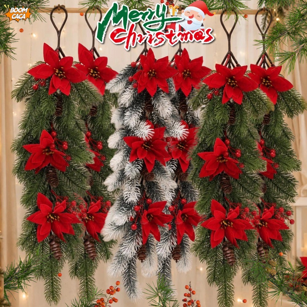 Natal Vermelho Berry Poinsétia Videira Ramo Neve Flocada Agulha De Pinho Verde Pendurado Ornamento Porta Casa Parede Dec