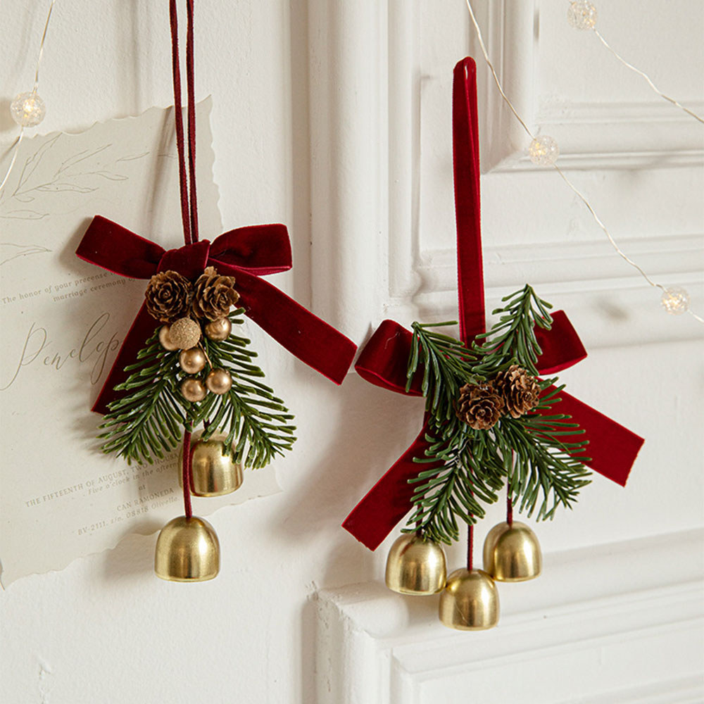 Sino De Natal Pendurado Ornamento Veludo Arco Pinha Porta Da Árvore Decoração Para Casa Pingente