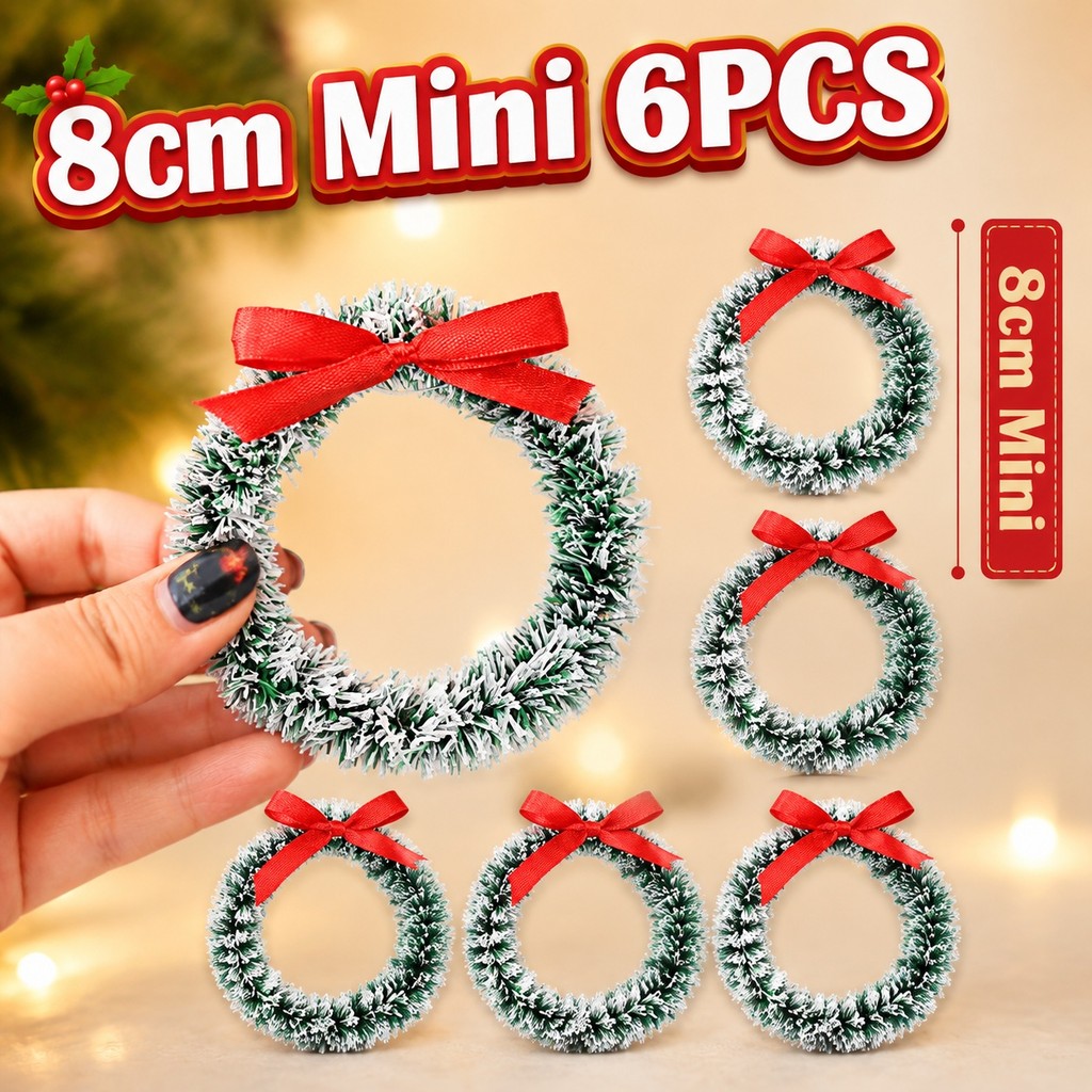 6 Pçs Natal Mini Grinalda Anéis Fosco Verde Pinho Vermelho Arco Pendurado Ornamentos Para Árvore De