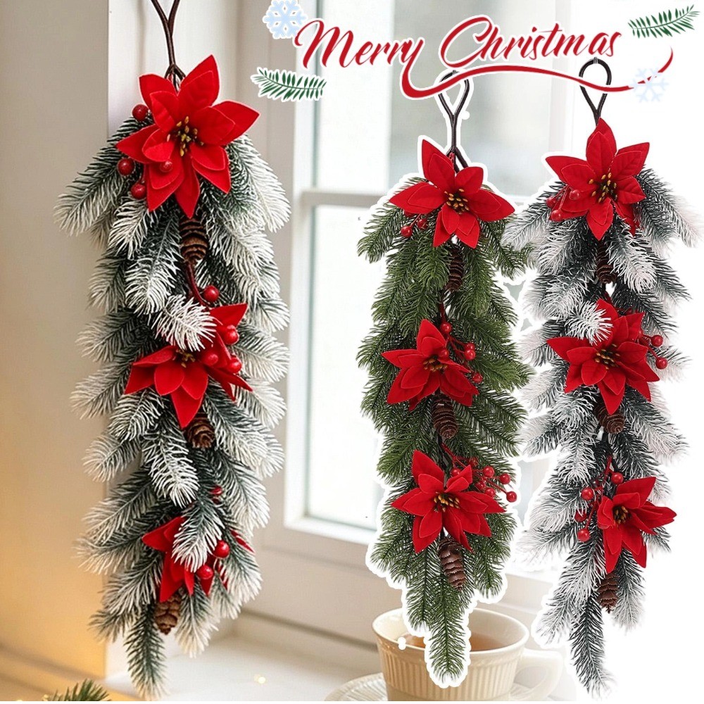 Pinha De Natal Baga Vermelha Pendurado Ornamento Guirlanda Artificial Poinsétia Ramos De Videira Para Porta Parede Decor