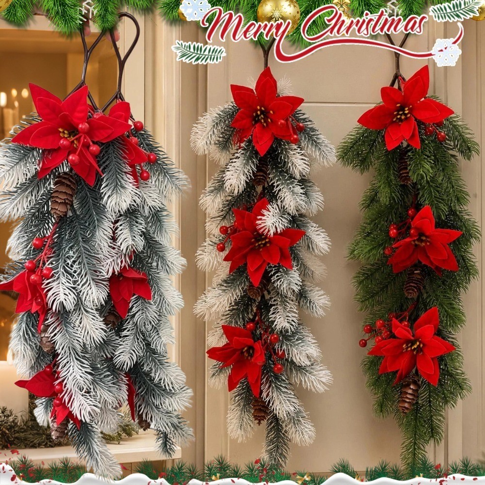 Neve Flocada Agulha De Pinho Verde Pendurado Ornamento Natal Baga Vermelha Poinsétia Videira Ramo Porta Casa Parede Deco