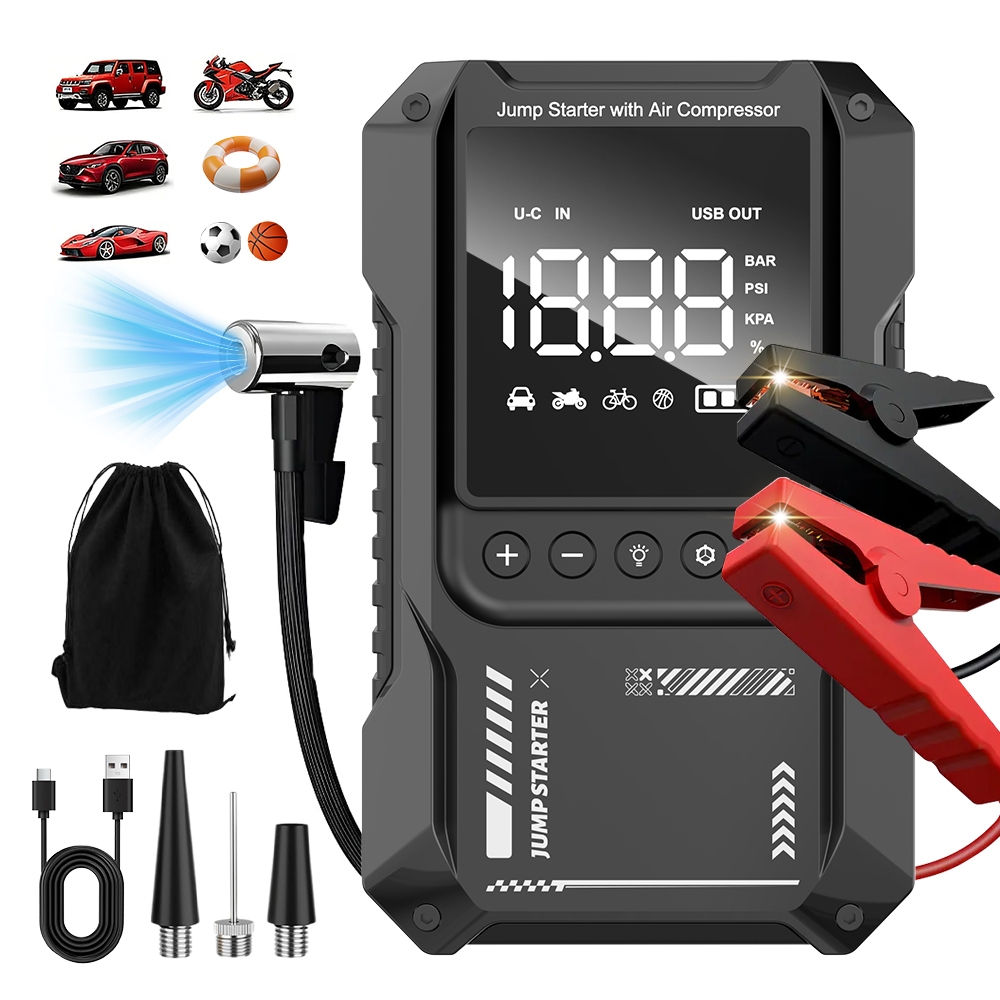 Portable 12V Jump Starter with 26800mAh Power Bank, 150psi Air Compressor and SOS LED Flashlight