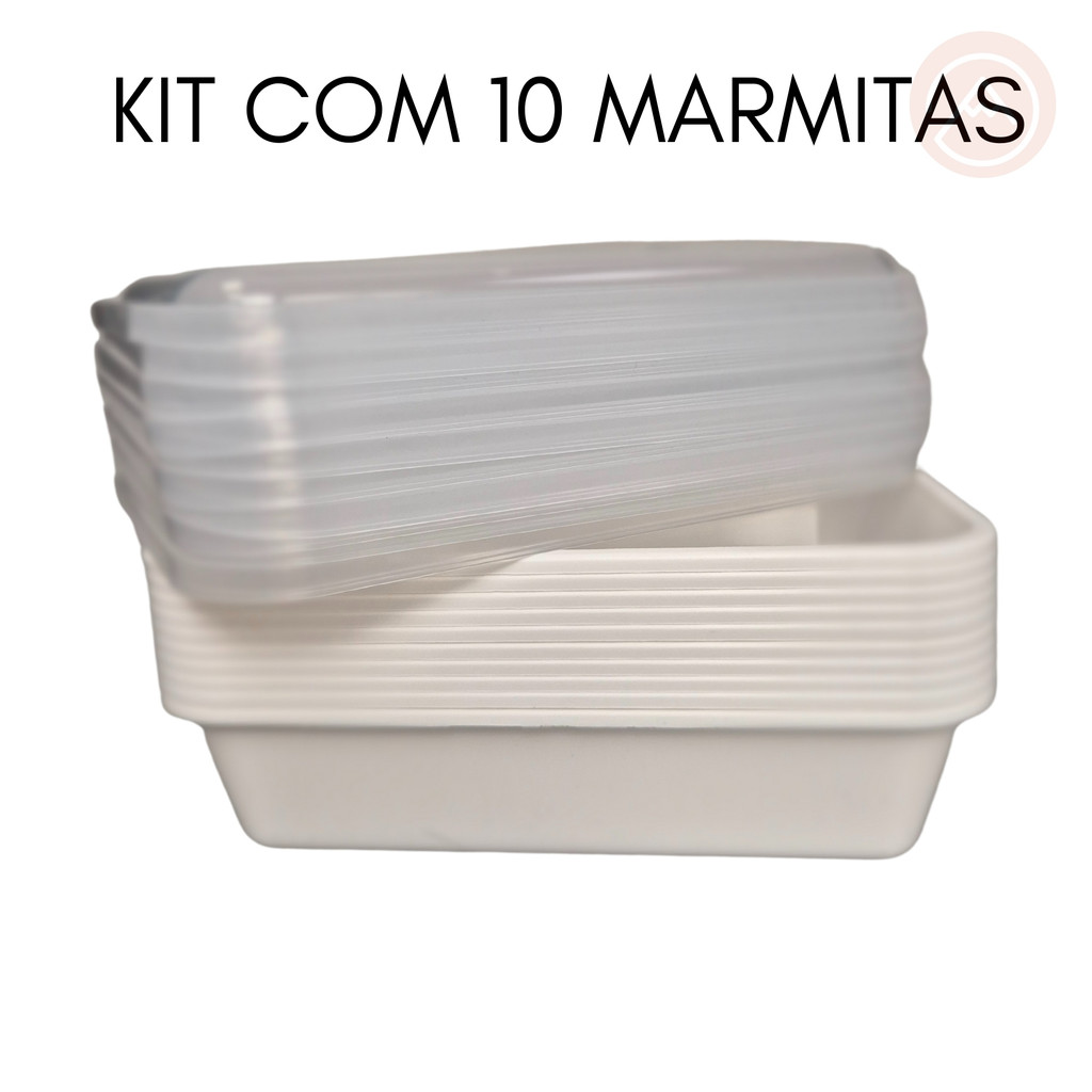 Kit 10 Marmita Delivery Plástica Tampa Branca R21 490 ml Tipo Spoleto Freezer Microondas Máquina Lavar
