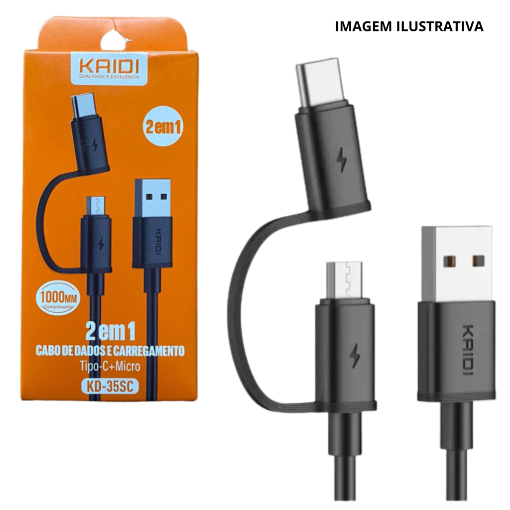 Cabo Carregador 2 em 1 Kaidi Tipo C e Micro USB V8 Reforçado