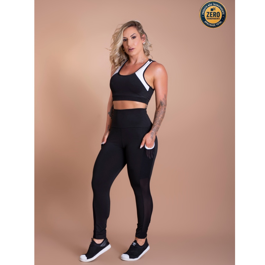 Conjunto Fitness Feminino Top Nadador Costas Decotada E Calça Legging Cintura Alta Bolso Tela Treino ZERO TRANSPARÊNCIA