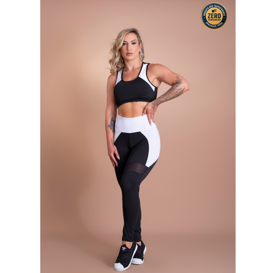 Conjunto Fitness Feminino Calça Legging Cintura Alta Recorte E Top Nadador Costas Decotada Academia ZERO TRANSPARÊNCIA