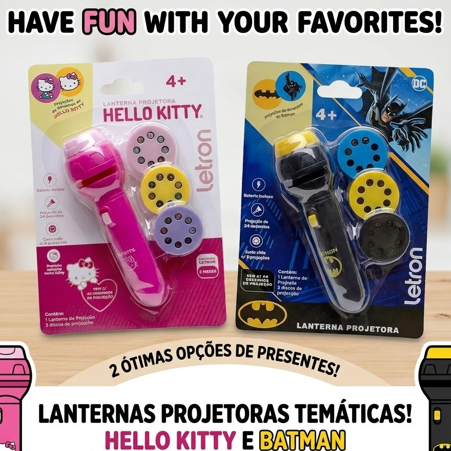 Lanterna Projetora Infantil 24 Desenhos Batman Hello Kitty Letron Brinquedo Educativo Projeção