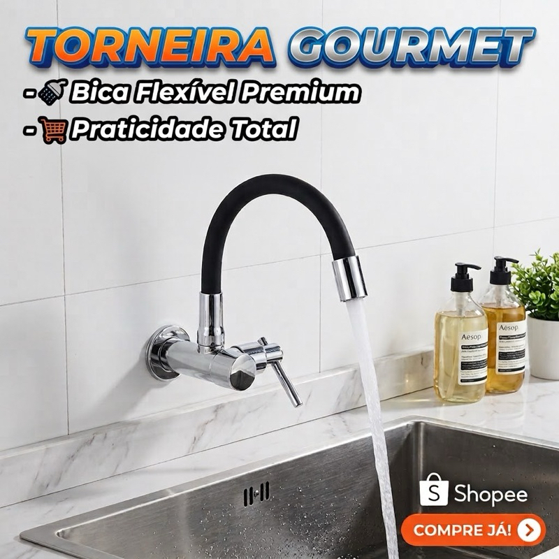 Torneira Gourmet Flexível de Parede Cozinha Luxo | Silicone Preto 360° Econômica