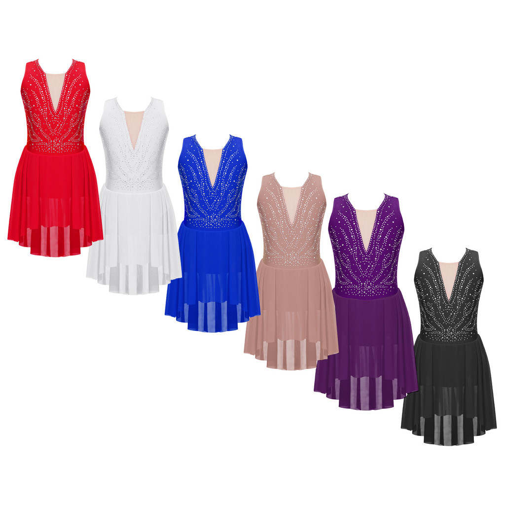 inhzoy Kids Girls Rhinestone Figure Skating Performance Dress Strappy Back Asymmetrical Hem Sleeveless Dance Dresses
