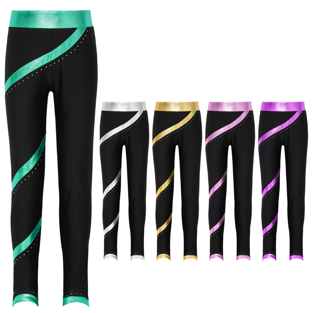 inhzoy Kids Girls Figure Skating Gymnastics Performance Costume Shiny Rhinestones Metallic Striped Pants