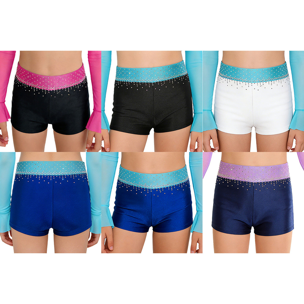 inhzoy Kids Girls Elastic Waistband Shiny Rhinestones Color Block Shorts for Gymnastics Dance Figure Skating Performance
