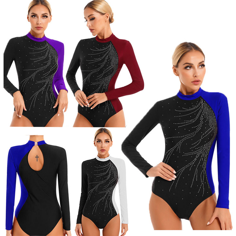 inhzoy Womens Glitter Rhinestone Color Block Leotard Long Sleeve Mock Neck Bodysuit for Gymnastics Dance Figure Skating