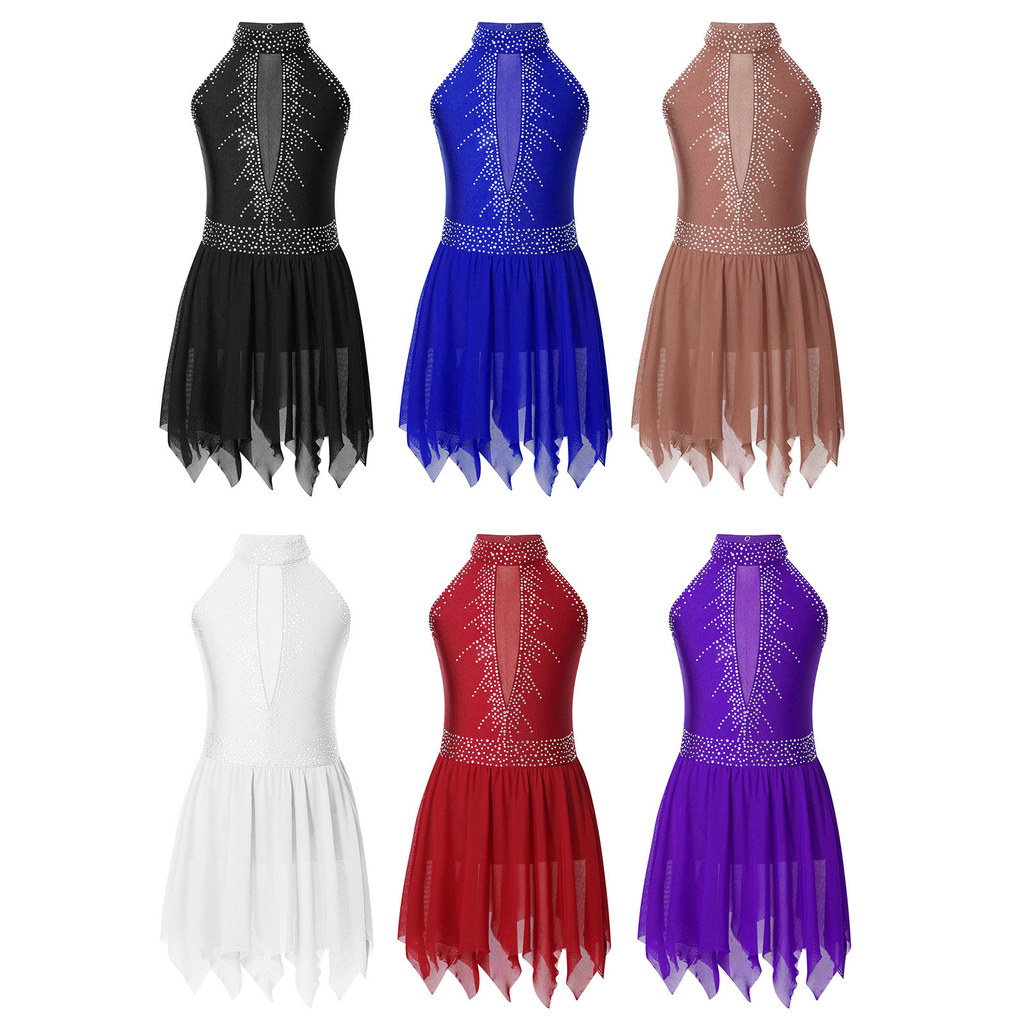 inhzoy Kids Girls Figure Ice Skating Leotard Dress Backless Asymmetrical Mesh Skirt Shiny Rhinestone Dance Dress Costume