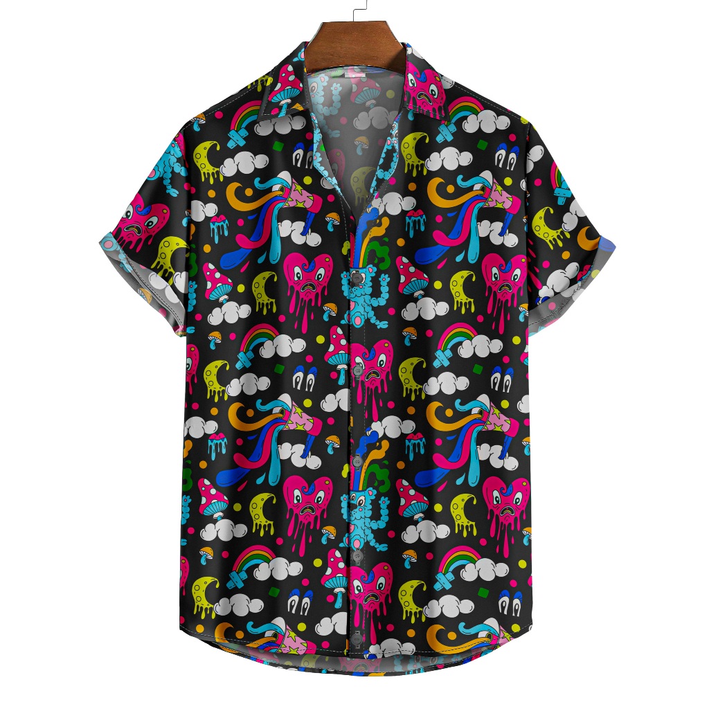 Camisa De Botão Psicodélica Rave Trip Estilo Cartoon Ácido – Cores E Criatura [Ref-299]