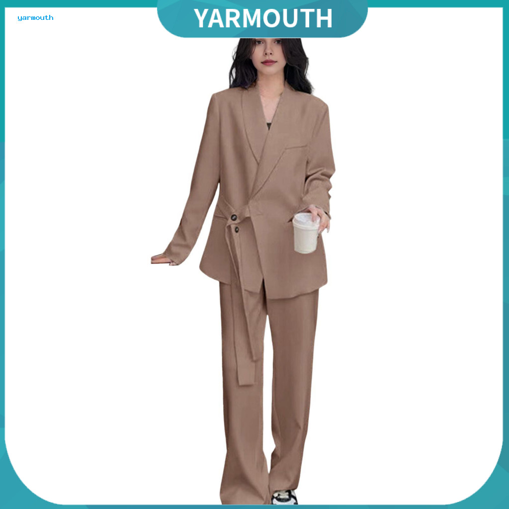 Formal Coat Pants Set Women 2 Pcs Business Suit – V Neck Cardigan Jacket High Waist Straight Long Sleeve Button for Co