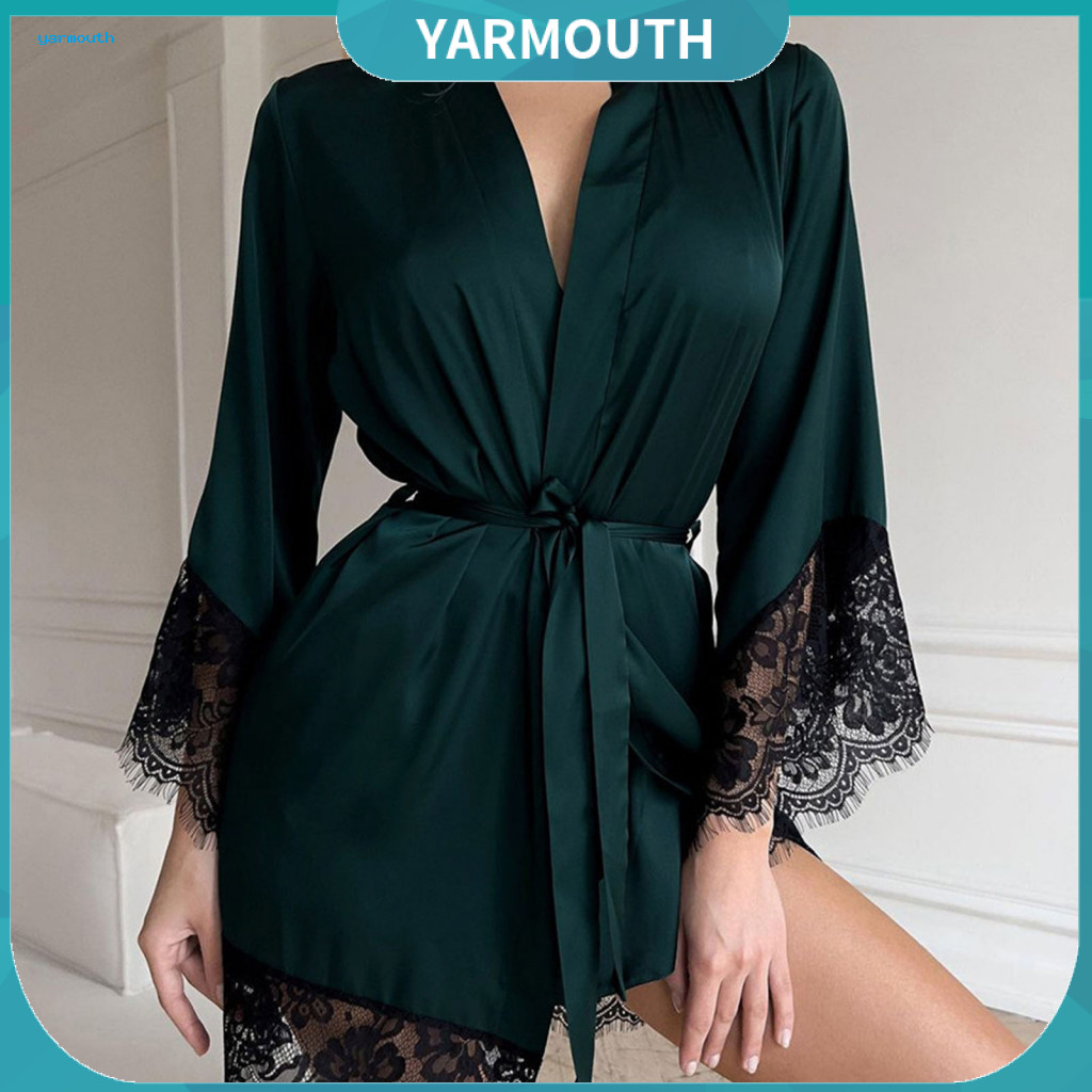 Lace Nightdress Sleeve Nightgown Women’s Satin with Belt Hollow Cuffs Hem V-neck Cardigan Style Solid Color Tight Wais