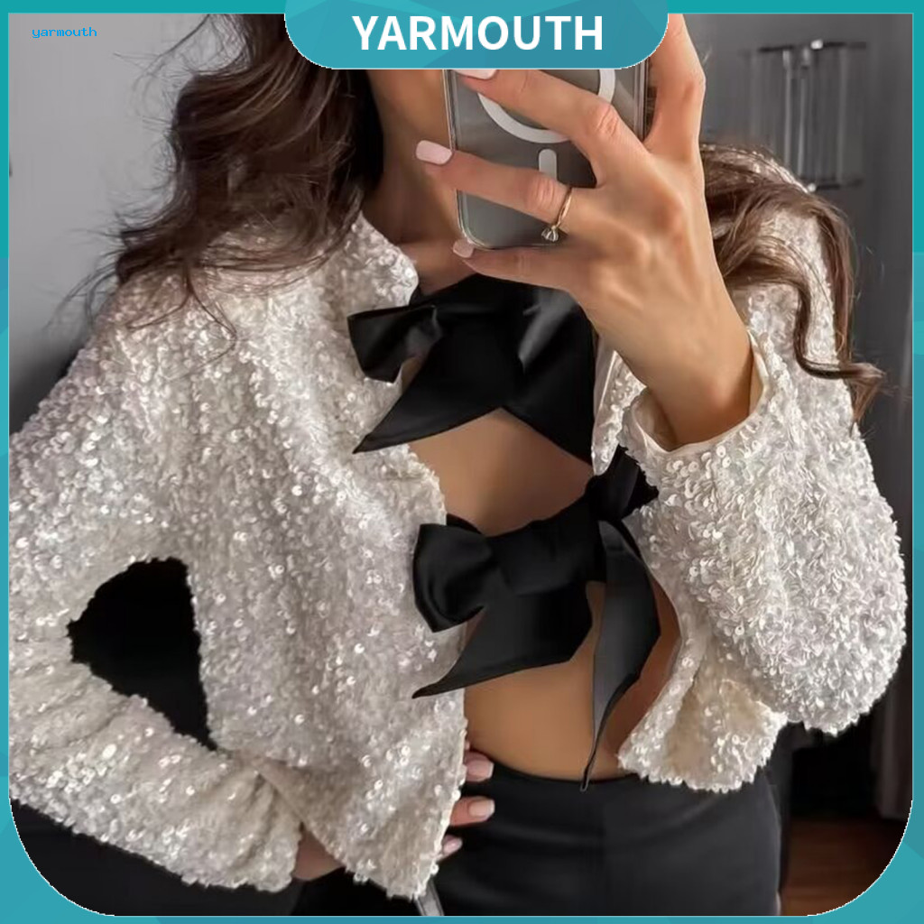 Women Sequined Cardigan Jacket Lace-up Sequin Women’s with Big Bow Loose Round Neck Long Sleeve Coat Solid Color Short