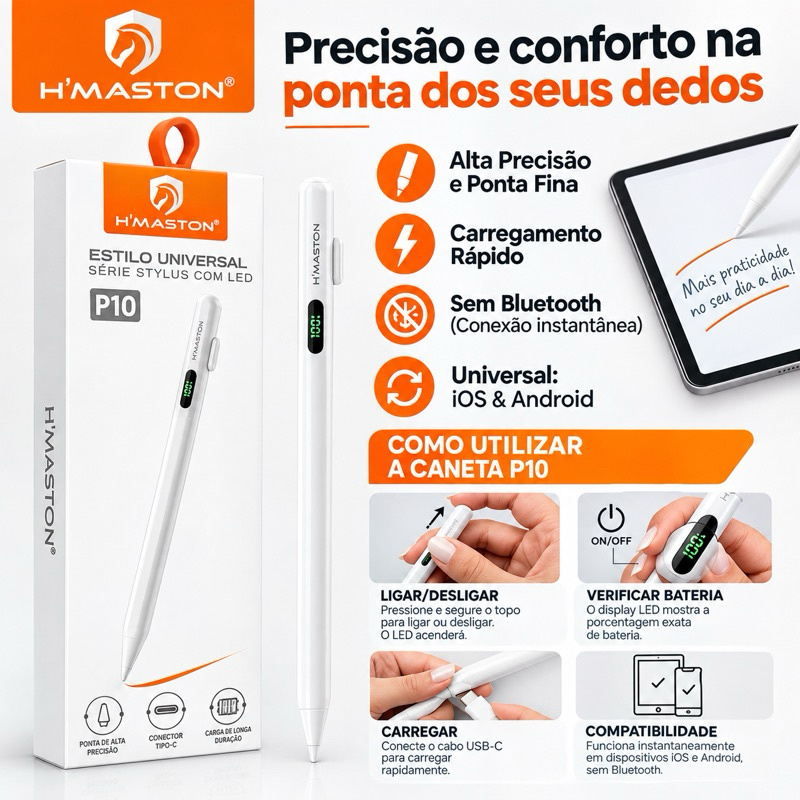 Caneta Touch Screen De Alta Precisão – Compatível Com IOS E Android H'Maston P10