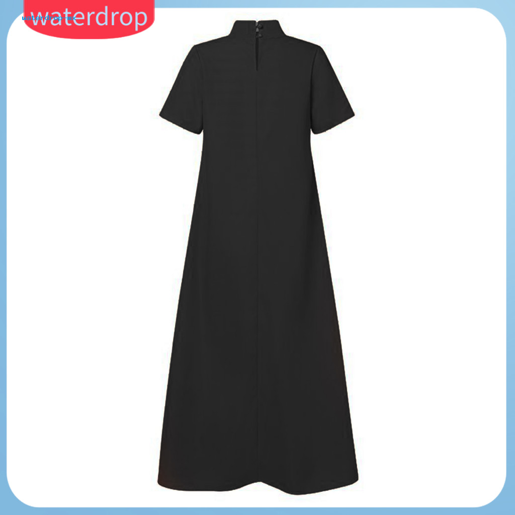Plus Size Long Women Dress Stand Collar A-line Maxi Short Sleeve Solid Color Retro Chinese Style Evening Party for Life