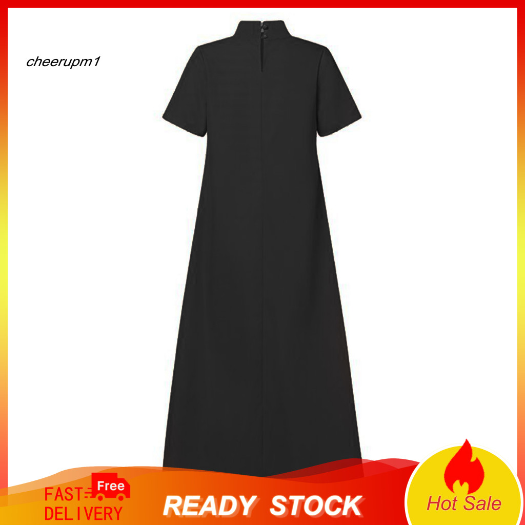 Loose Fit Maxi Dress Plus Size Long Women Stand Collar A-line Short Sleeve Solid Color Retro Chinese Style Evening Party