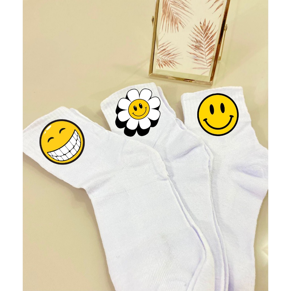 Meia Cano Alto Smile Personalizado Algodão Macio Kit com 03un | Frases Divertidas & Emojis | Estilo Streetwear