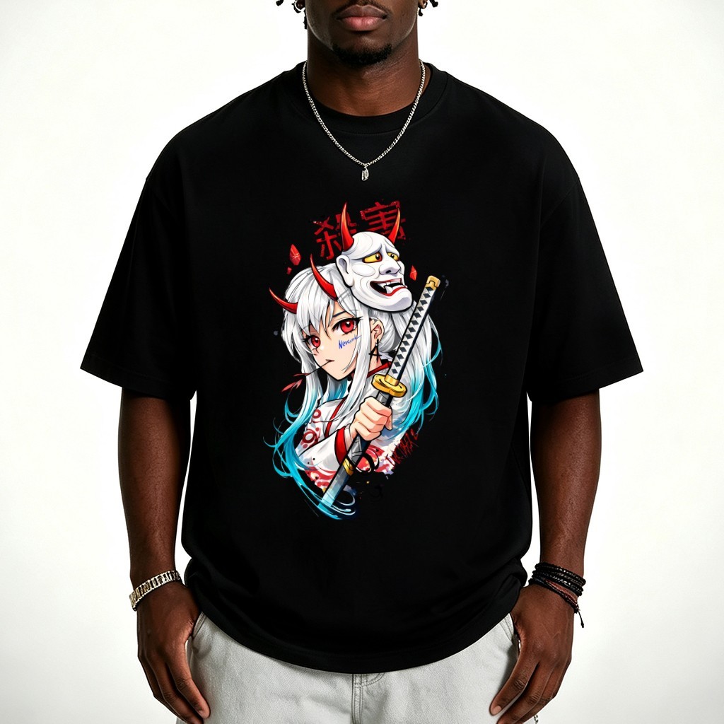 Camiseta Masculina Estampa Anime Oni Girl Japonesa 100% Algodão Oversized Preta Mangas Longas Streetwear