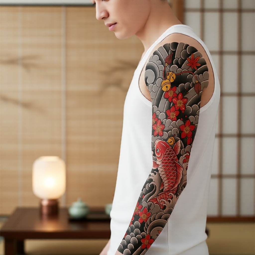 Mangas de Tatuagem Temporária à Prova D'água de Longa Duração para Homens e Mulheres, Carpas Japonesas/Geisha/Sakura,