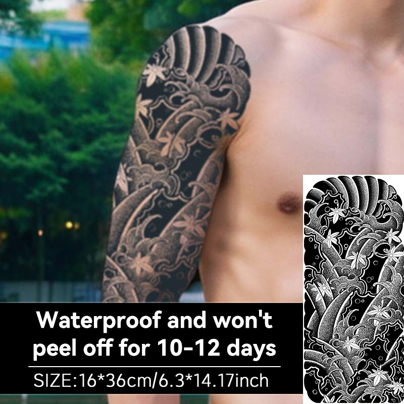 Adesivo De Tatuagem De Manga Comprida Sakura Com Ondas Japonesas 1 Unidade À Prova D'água De Longa Duração 7-15 Dias De