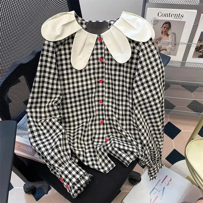 Camisas xadrez japonesas para mulheres, delicadas, vintage, com gola em pétala, botões, blusa solta, casual, manga longa