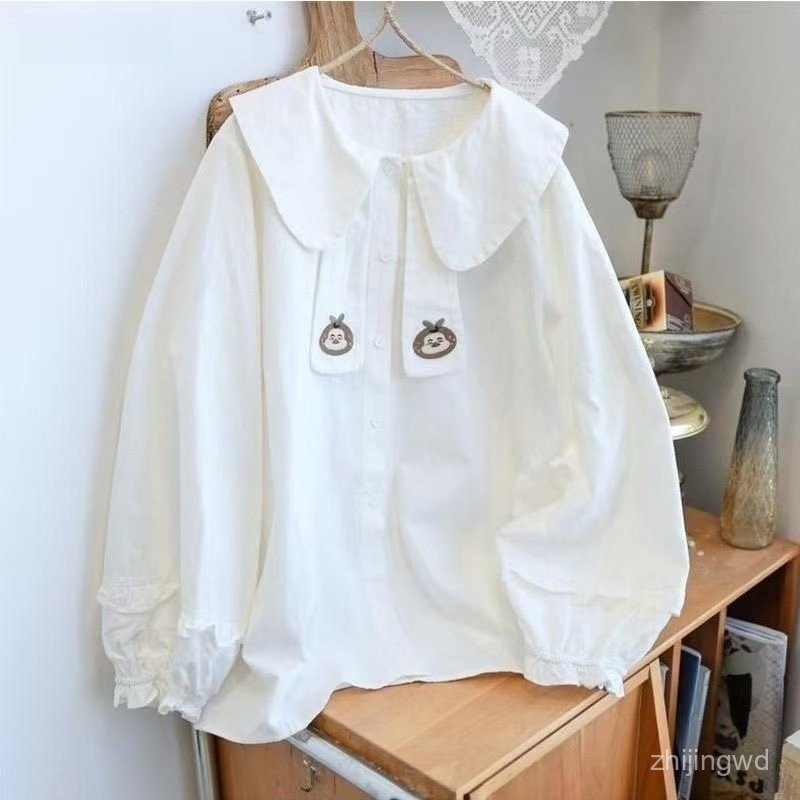 Camisa Blusa Feminina de Manga Longa com Gola Peter Pan, Solta, Tamanho Plus, Casual, Estilo Floresta Japonesa, Outono I