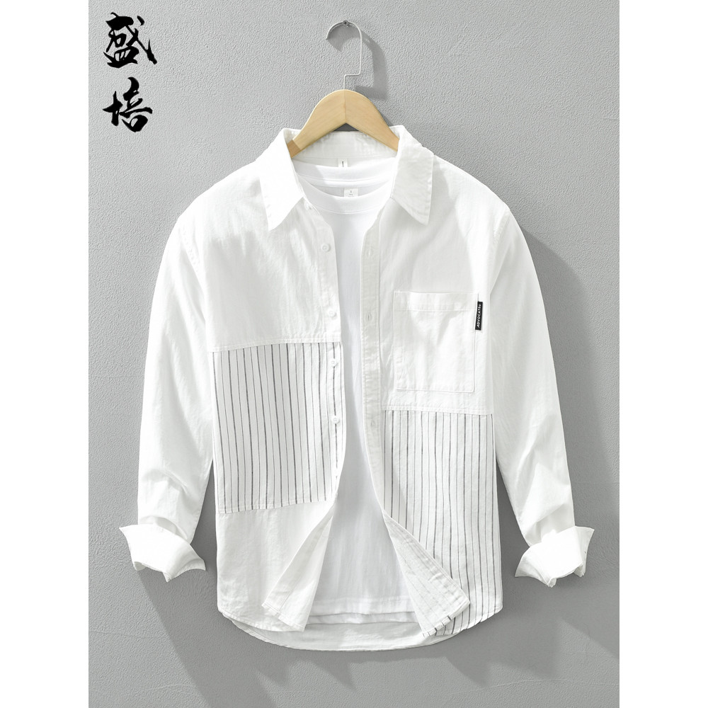 Arte japonesa camisa branca manga longa costura masculina Casual primavera outono topo listrado camisa de algodão puro m