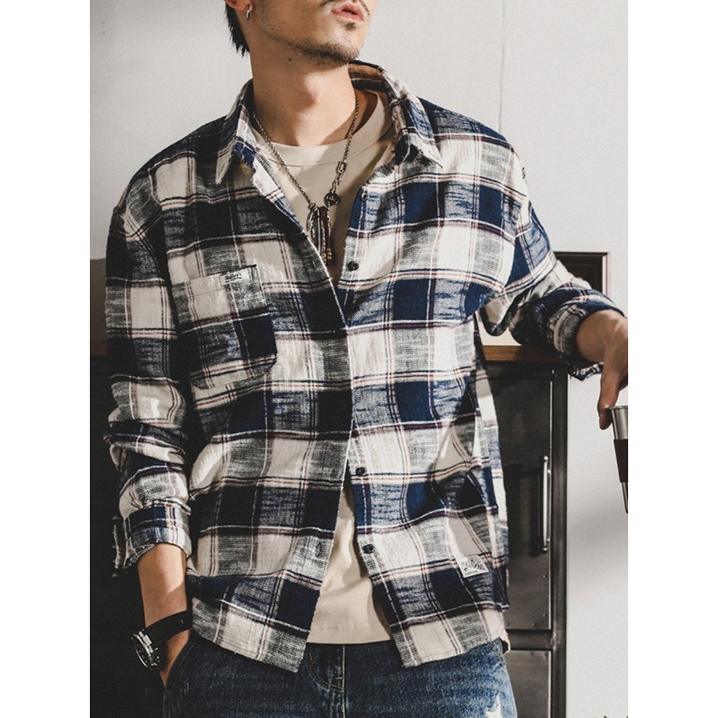 Camisa xadrez americana masculina Retro pesado manga longa solta na moda camisa japonesa masculina 2023 primavera outono