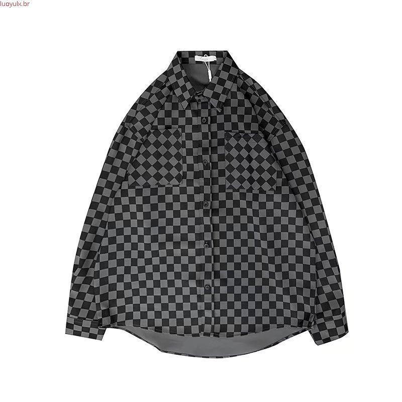 Csa xadrez masculina feminina manga longa ins na moda casal nicho lapela csa solta jaqueta Casual japonesa