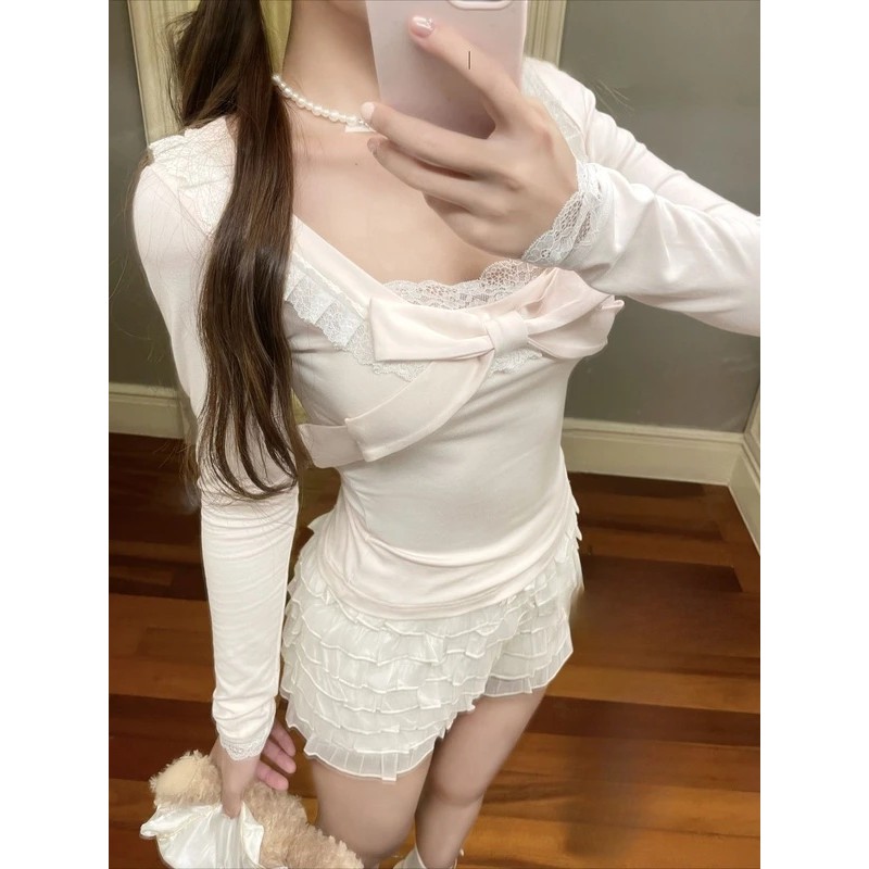 Blusa Feminina Kawaii Lolita de Manga Longa com Renda Japonesa e Babados, Camisa Slim Fit Y2K Harajuku Estilo Retrô para